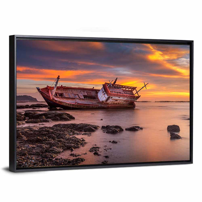 Shipwreck at Sunset Wall Art as a framed canvas