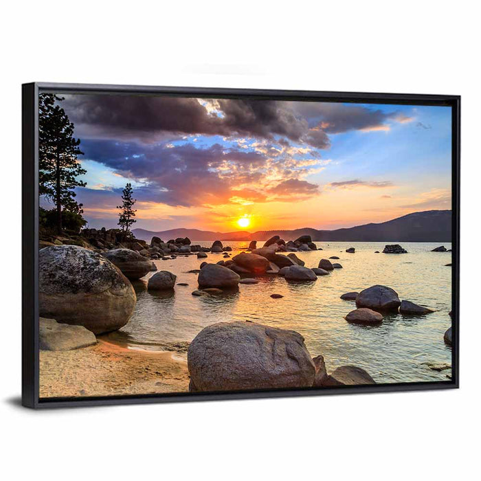 Lake Tahoe Sunset with Boulders Wall Art as a framed canvas