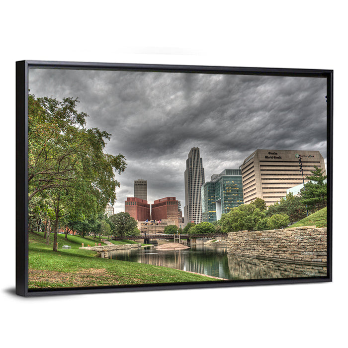 Omaha Skyline at Gene Leahy Mall Wall Art as a framed canvas