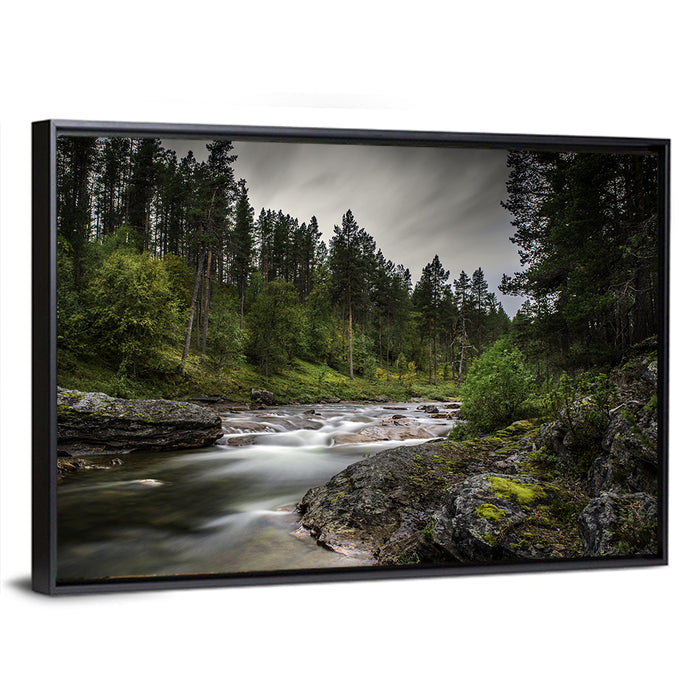 Mossy Forest Stream Wall Art as a framed canvas