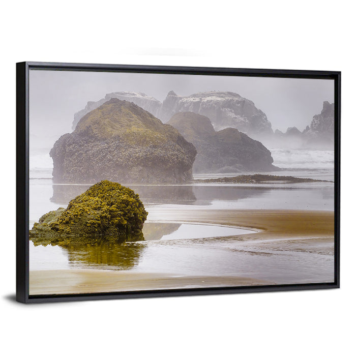 Misty Oregon Sea Stacks Wall Art as a framed canvas