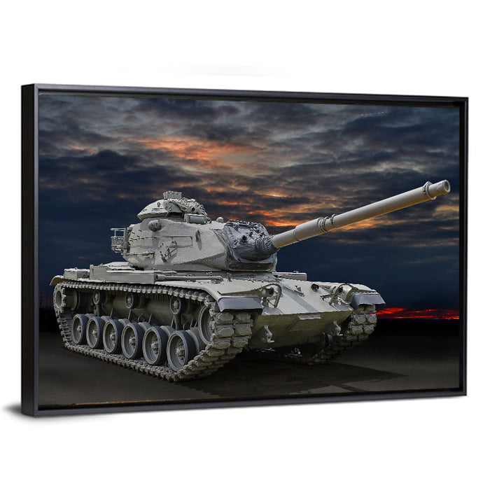 Tracked Tank at Sunset Wall Art as a framed canvas