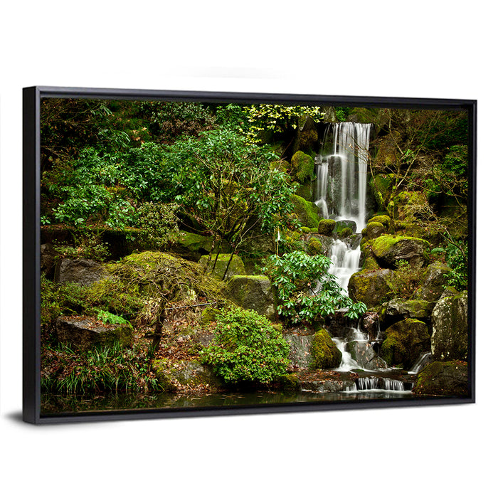 Secluded Mossy Waterfall Wall Art as a framed canvas