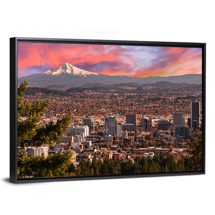 Portland Skyline at Sunset Wall Art as a framed canvas