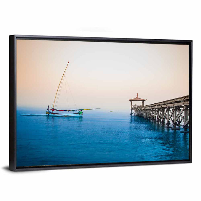 Outrigger Boat and Pier Wall Art as a framed canvas