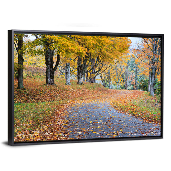 Autumn Road with Golden Canopy Wall Art as a framed canvas