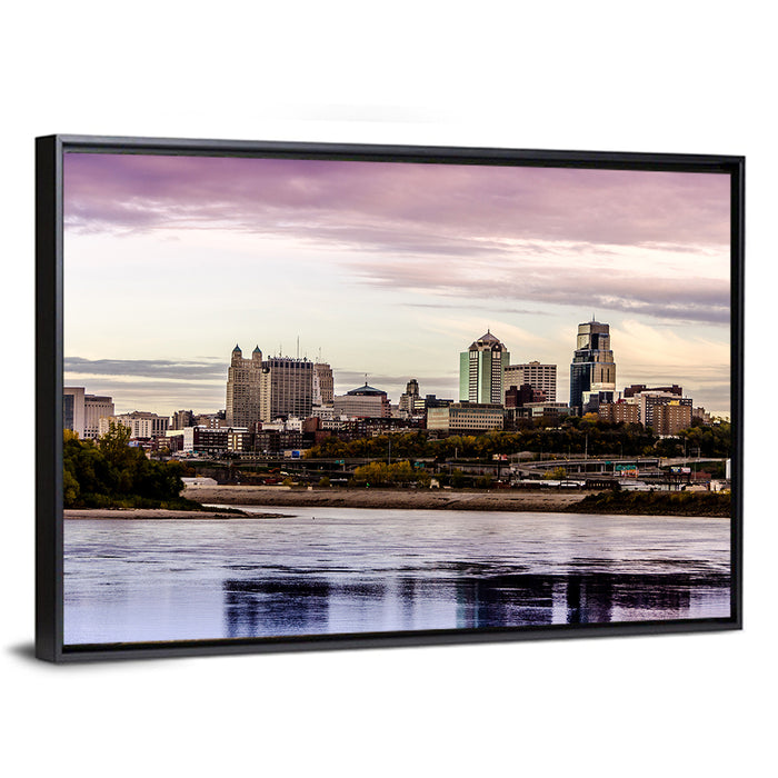Kansas City Skyline at Dusk Wall Art as a framed canvas