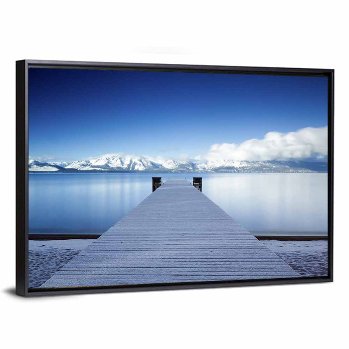 Frosted Pier at Lake Tahoe Wall Art as a framed canvas