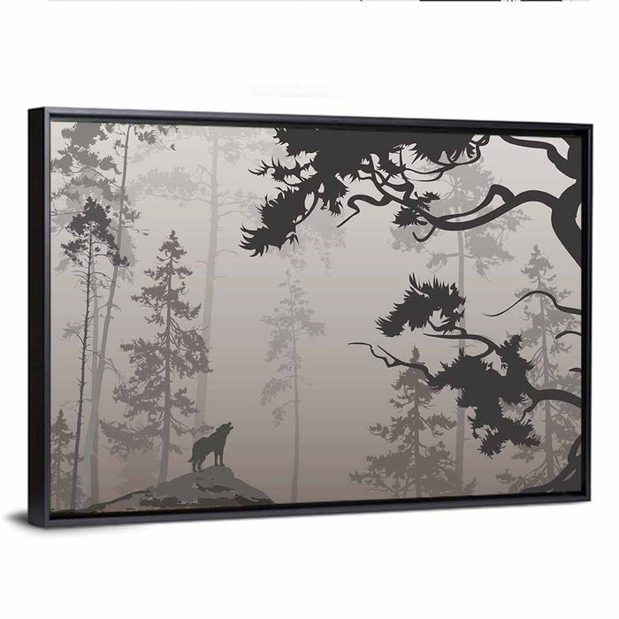 Howling Wolf in Misty Forest Wall Art as a framed canvas
