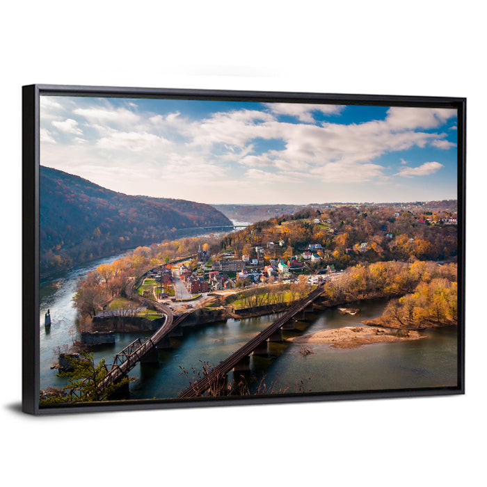 Maryland Heights Over Harpers Ferry Wall Art as a framed canvas