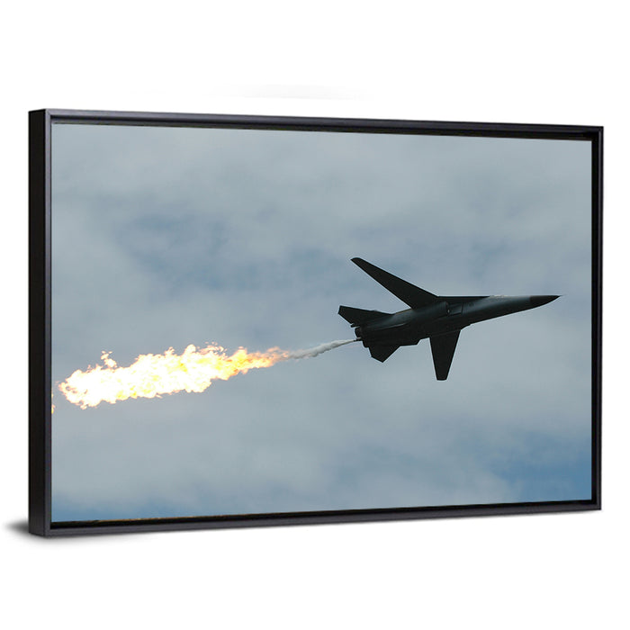 Fighter Jet with Flaming Exhaust Wall Art as a framed canvas