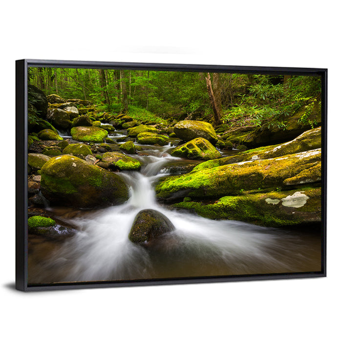 Mossy Forest Stream Wall Art as a framed canvas