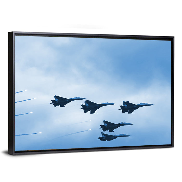 Five Fighter Jets in Formation Wall Art as a framed canvas