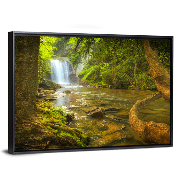 Deep Forest Waterfall Wall Art as a framed canvas