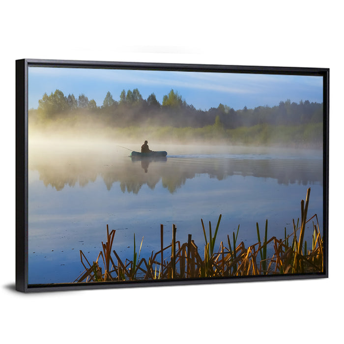 Misty Lake Fisherman Wall Art as a framed canvas