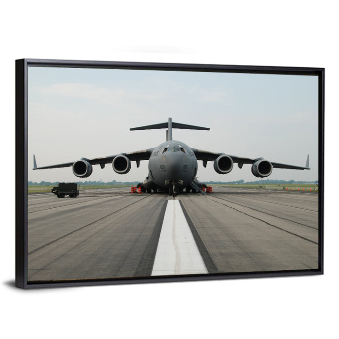 C-130 on Runway Wall Art as a framed canvas