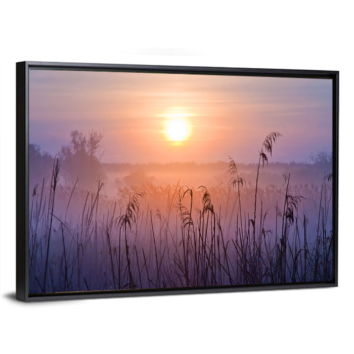 Lavender Sunrise Over Reeds Wall Art as a framed canvas