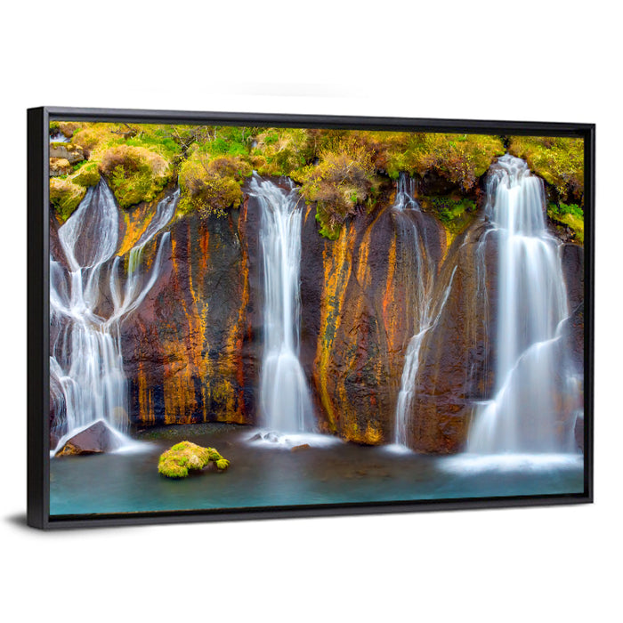 Hraunfossar Falls Wall Art as a framed canvas