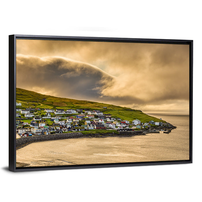 Coastal Village at Golden Hour Wall Art as a framed canvas