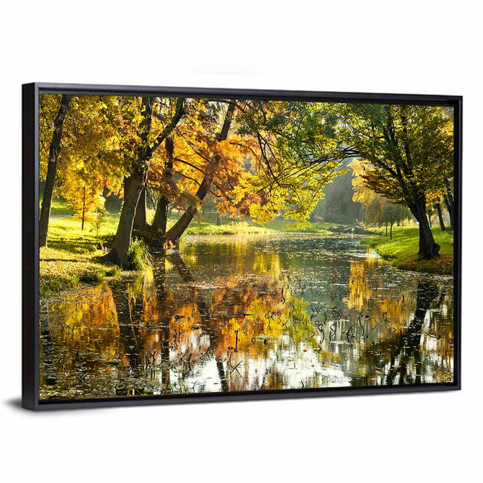 Autumn Canal Landscape Wall Art as a framed canvas