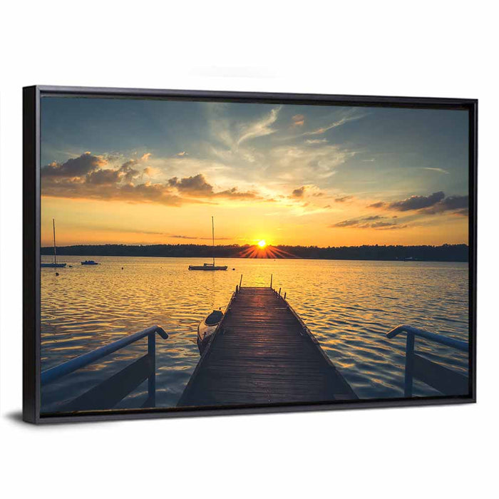 Sunset Pier with Sailboat Wall Art as a framed canvas