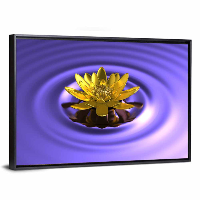 Golden Lotus Over Purple Waves Wall Art as a framed canvas