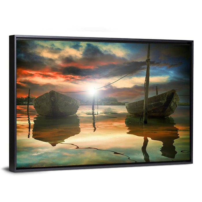 Two Wooden Boats at Sunset Wall Art as a framed canvas