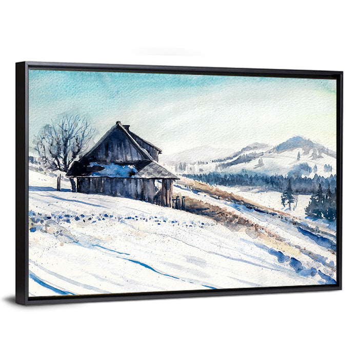Snowy Mountain Cabin Wall Art as a framed canvas