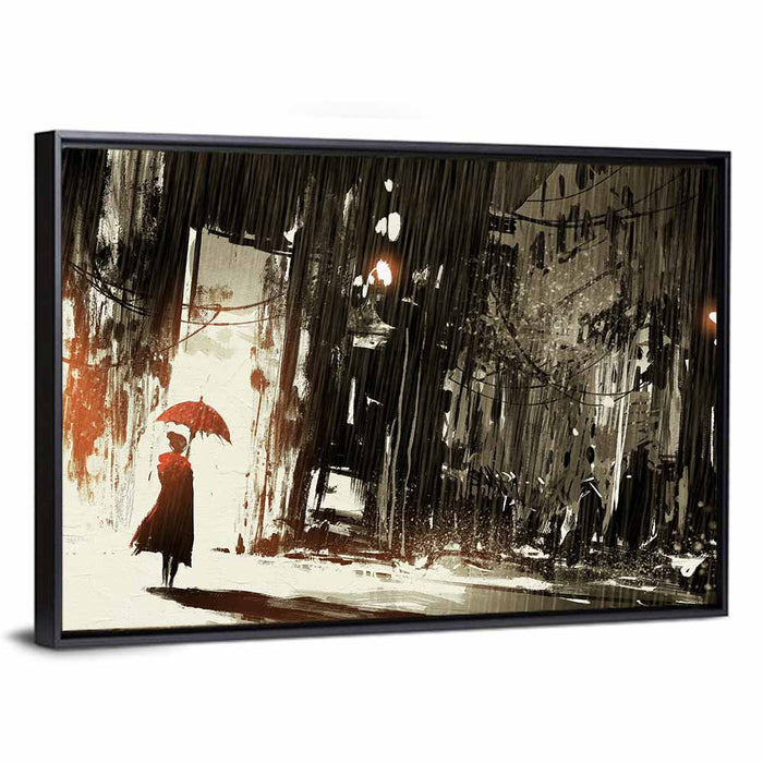 Woman with Umbrella on Rainy Street Wall Art as a framed canvas