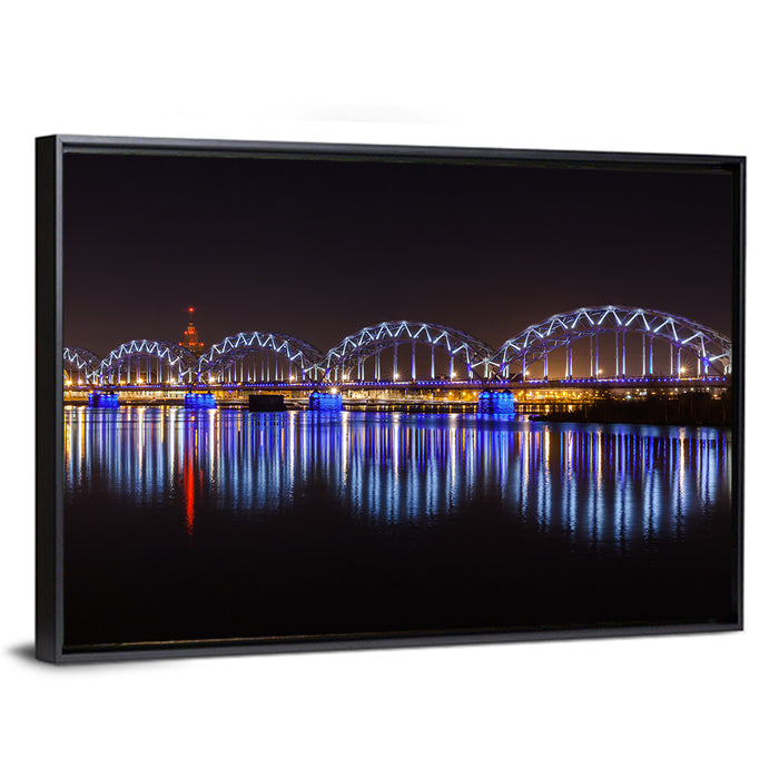 Riga Railway Bridge Nightscape Wall Art as a framed canvas