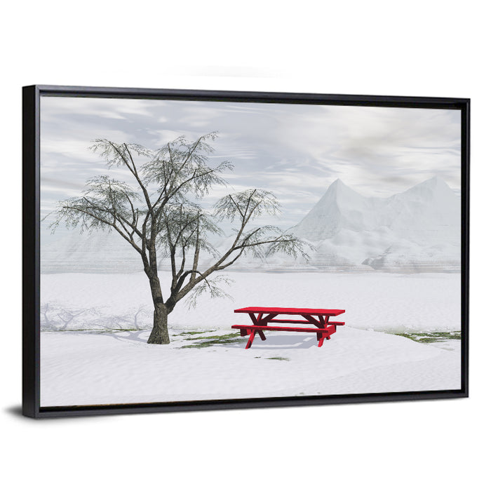 Red Picnic Table in Winter Park Wall Art as a framed canvas