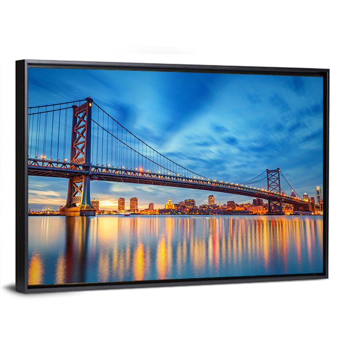Benjamin Franklin Bridge Twilight Wall Art as a framed canvas