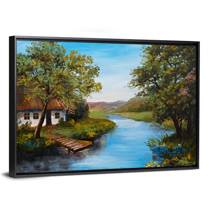 Thatched Cottage by the River Wall Art as a framed canvas