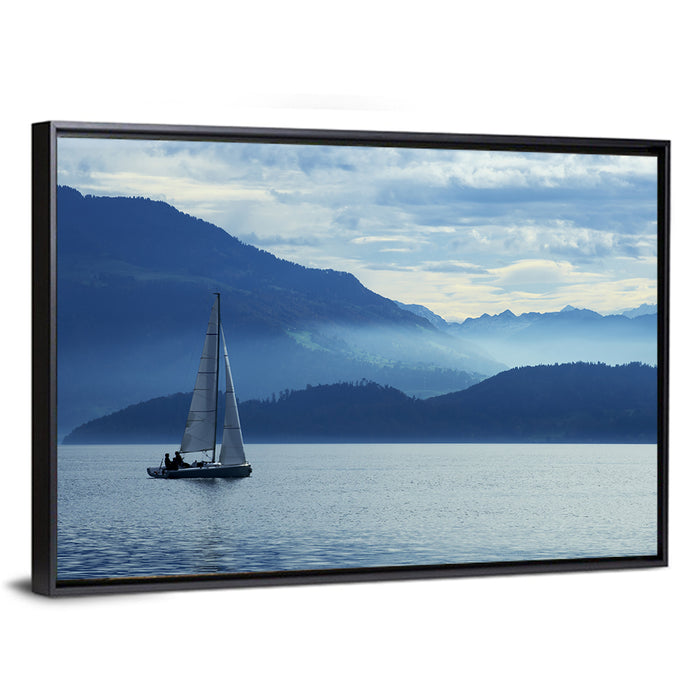 Lake Zug Sailing Wall Art as a framed canvas