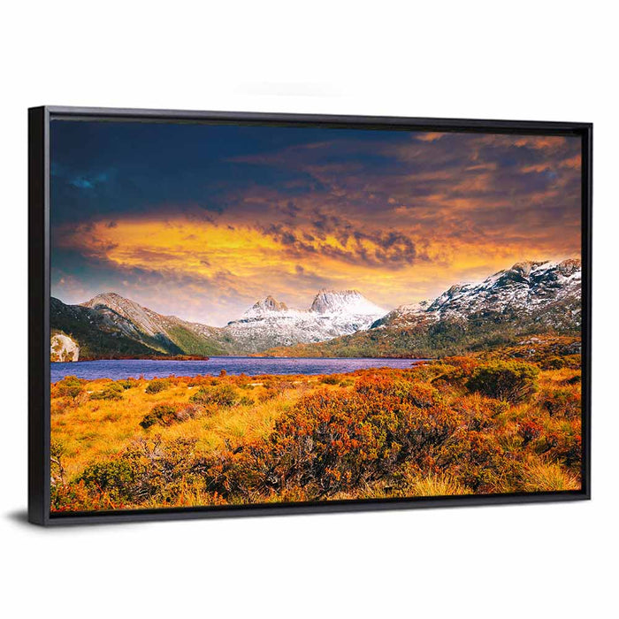 Cradle Mountain Golden Sunset Wall Art as a framed canvas