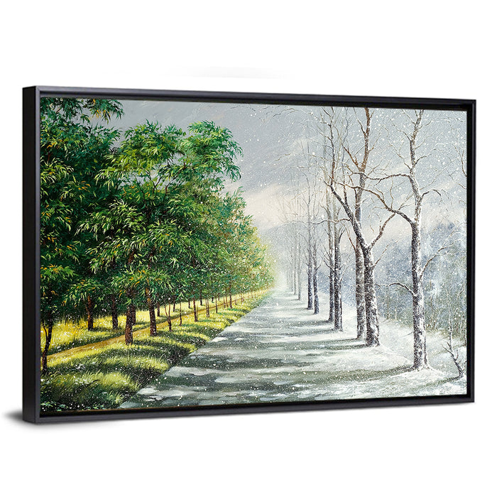Summer to Winter Forest Path Wall Art as a framed canvas
