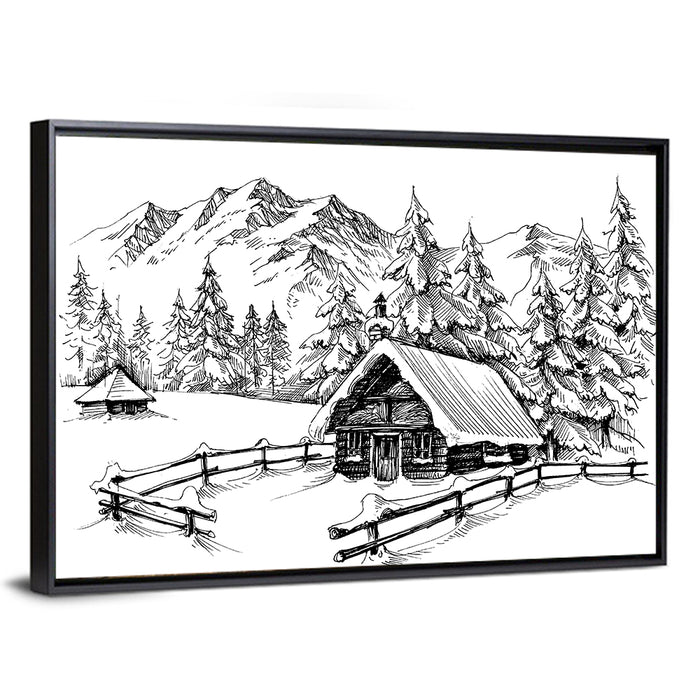 Snow-covered Mountain Cabin Wall Art as a framed canvas
