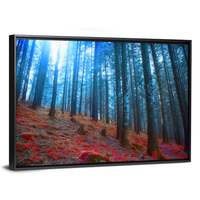Enchanted Red Moss Forest Wall Art as a framed canvas