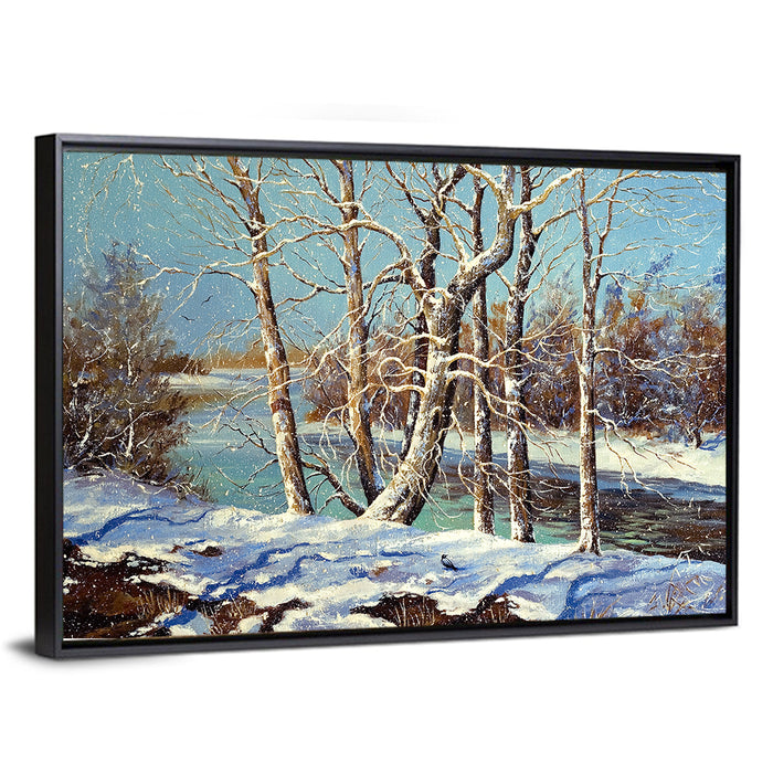 Bare Trees Along a Frozen River Wall Art as a framed canvas