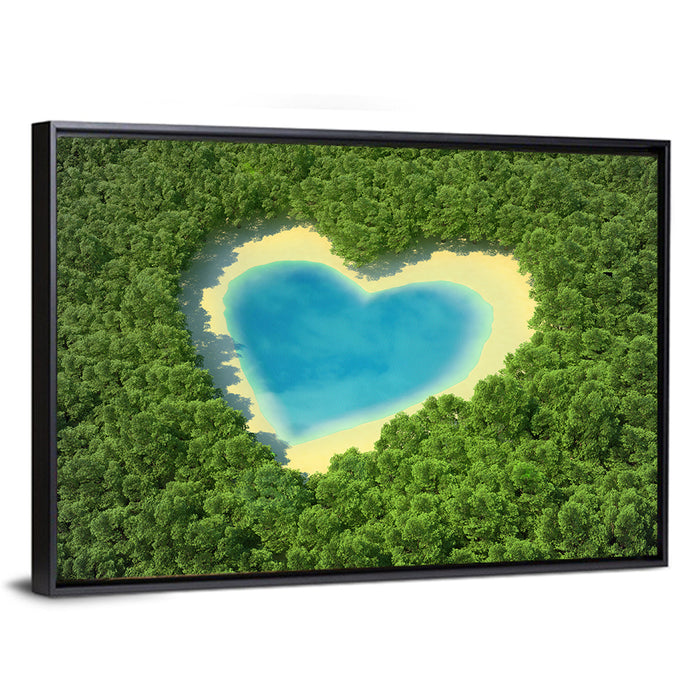 Heart-shaped Pond Aerial View Wall Art as a framed canvas