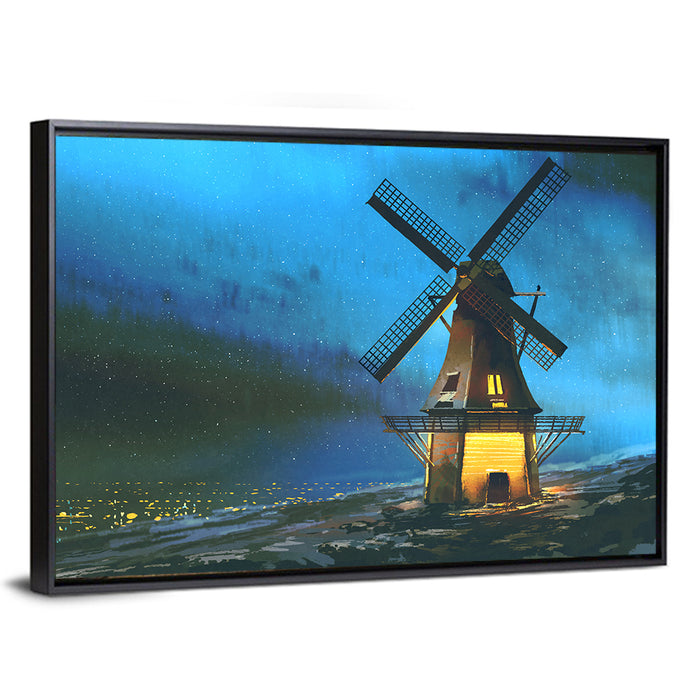 Seaside Windmill at Night Wall Art as a framed canvas