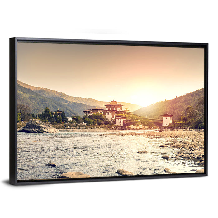 Punakha Dzong at Golden Hour Wall Art as a framed canvas