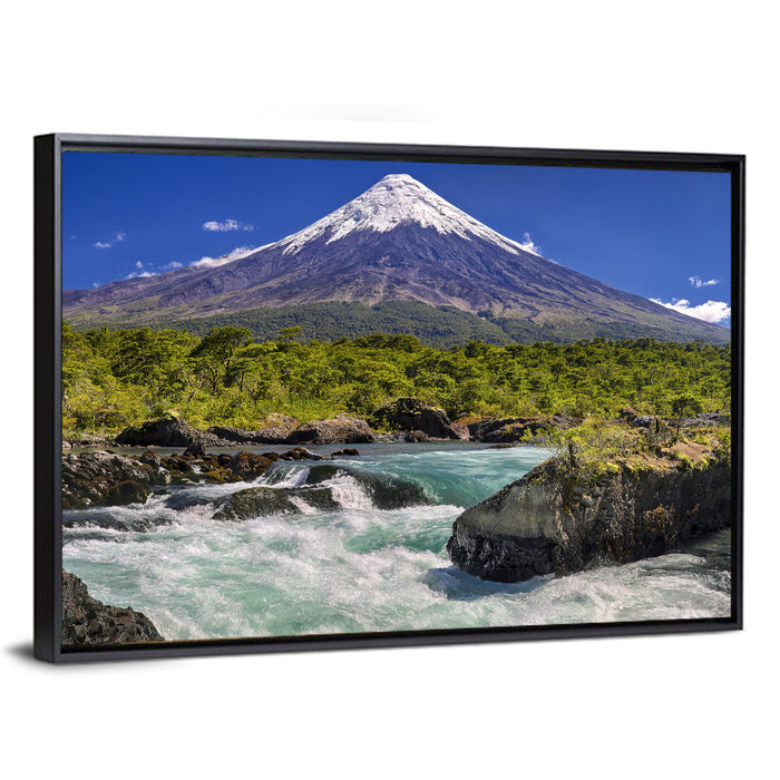 Osorno Volcano Over Petrohue Rapids Wall Art as a framed canvas