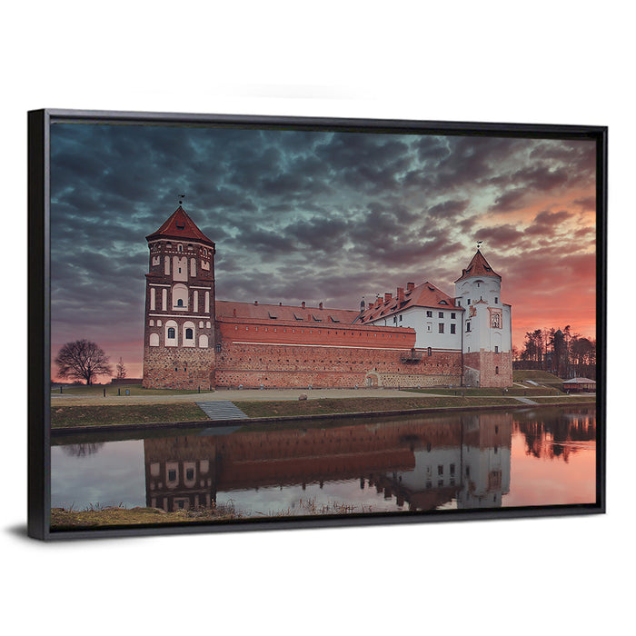 Mir Castle at Dusk Wall Art as a framed canvas