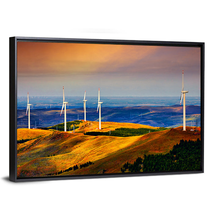 Golden Hour Wind Turbines Wall Art as a framed canvas