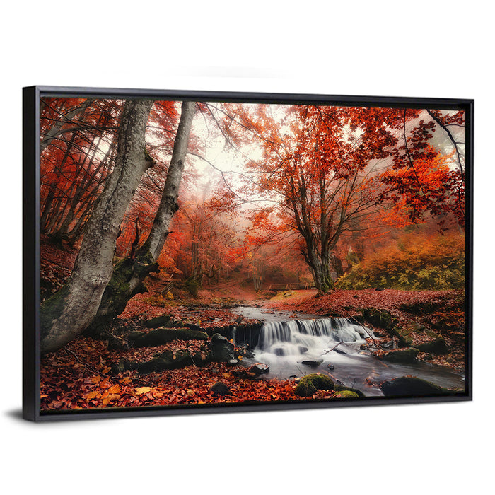 Autumn Forest Stream with Footbridge Wall Art as a framed canvas