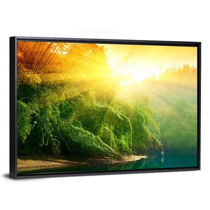 Golden Bamboo Riverbank Wall Art as a framed canvas