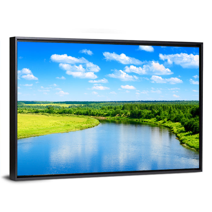 Blue River Meadow Wall Art as a framed canvas