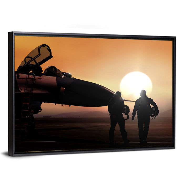 Pilots and Supersonic Jet at Sunset Wall Art as a framed canvas