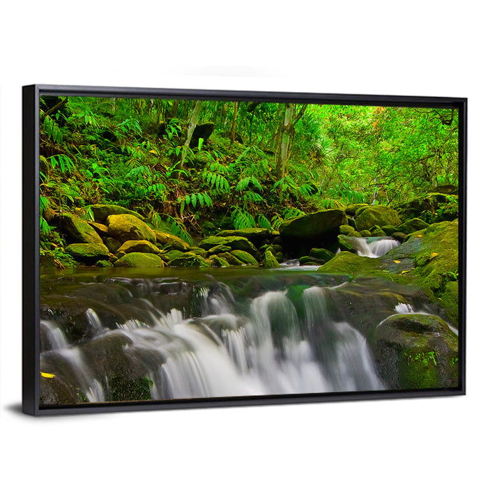 Emerald Jungle Stream Wall Art as a framed canvas